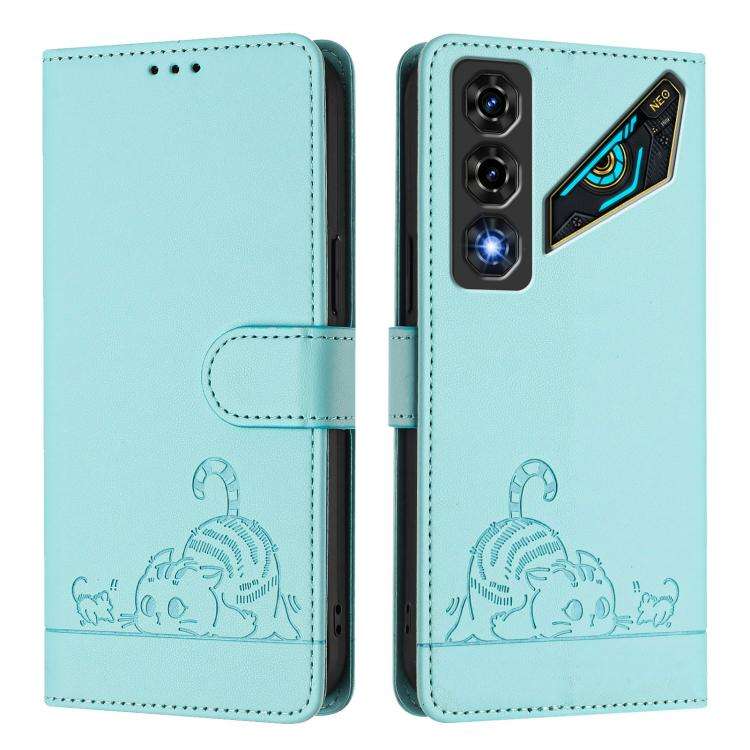 For ZTE nubia Neo 5 5G Cat Rat Embossed Pattern RFID Leather Phone Case with Lanyard(Mint Green)