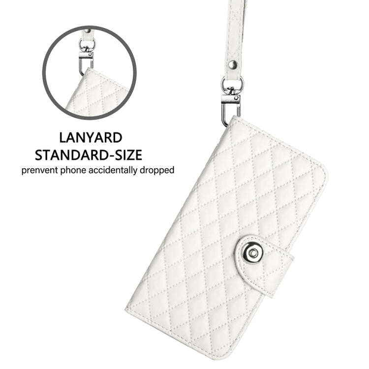 For TCL 30 XL T701DL Rhombic Texture Flip Leather Phone Case with Lanyard(White)