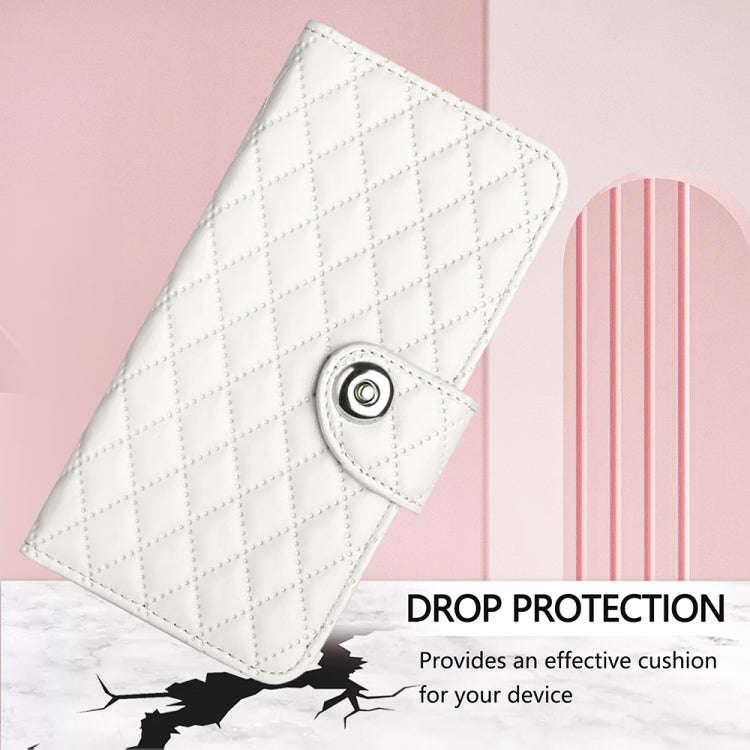 For TCL 30 XL T701DL Rhombic Texture Flip Leather Phone Case with Lanyard(White)