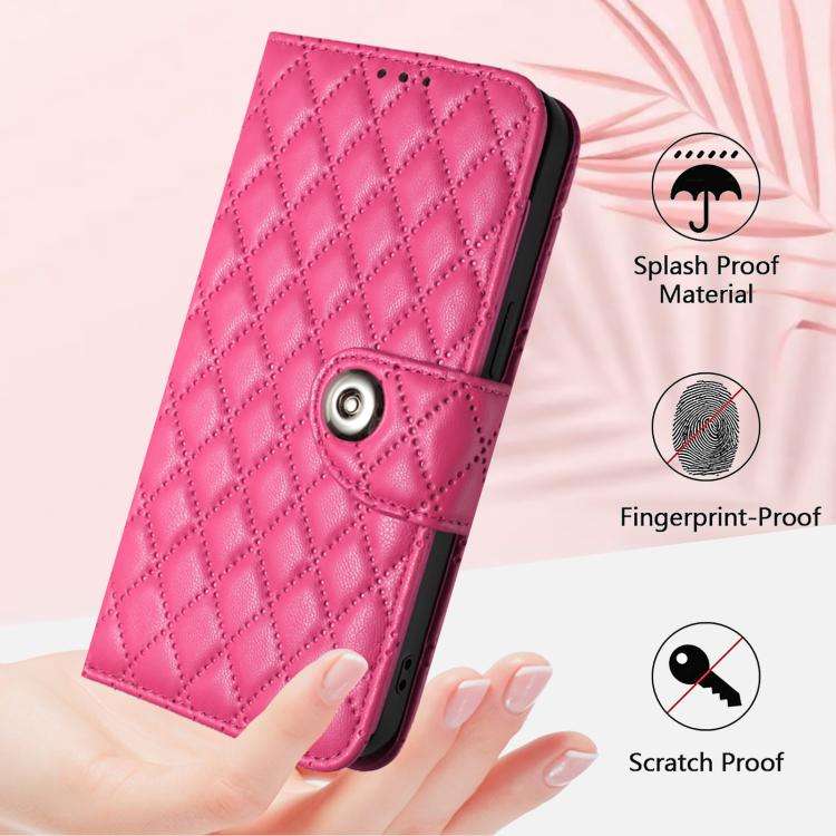 For Oukitel C59 / C59 Pro Rhombic Texture Flip Leather Phone Case with Lanyard(Rose Red)