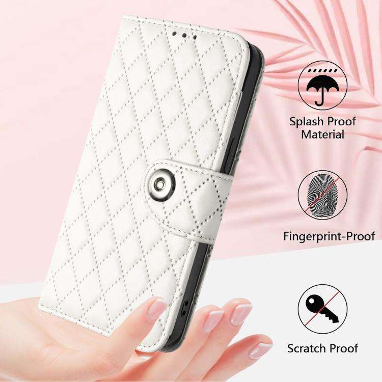 For Oukitel C59 / C59 Pro Rhombic Texture Flip Leather Phone Case with Lanyard(White)
