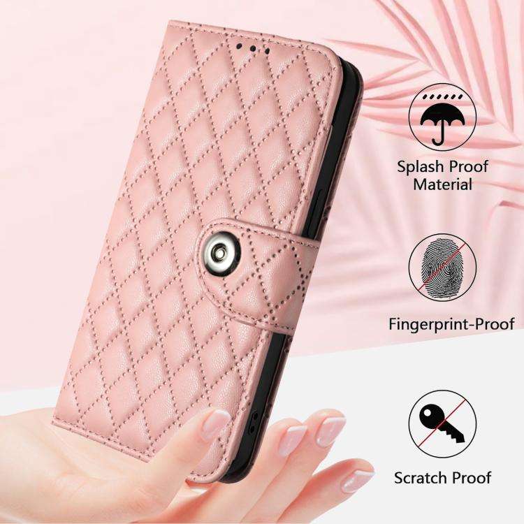 For Oukitel C59 / C59 Pro Rhombic Texture Flip Leather Phone Case with Lanyard(Coral Pink)