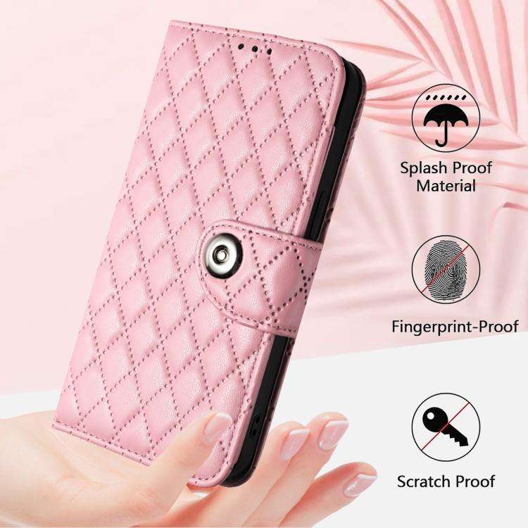 For Oukitel C59 / C59 Pro Rhombic Texture Flip Leather Phone Case with Lanyard(Pink)