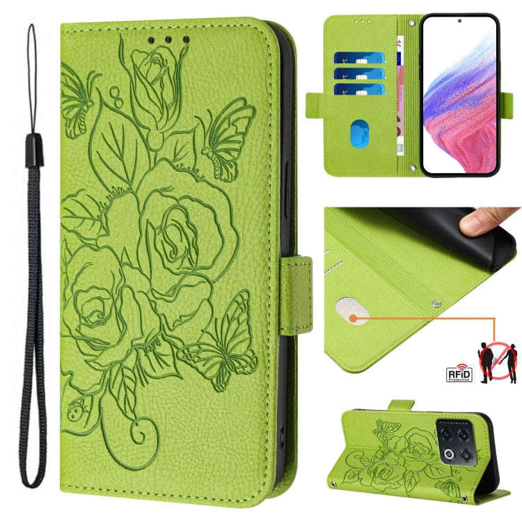 For OnePlus 10 Pro 5G Embossed Rose RFID Anti-theft Leather Phone Case(Green)