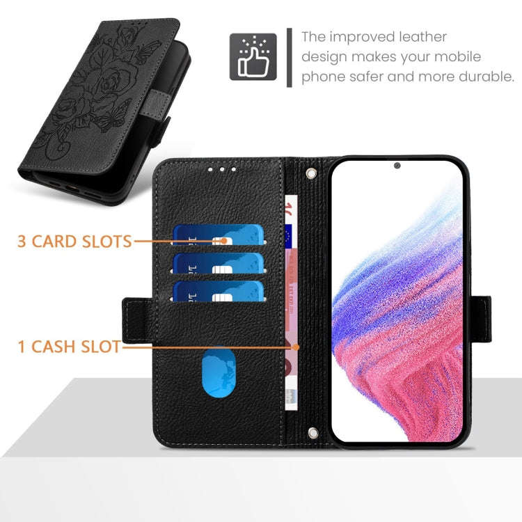 For OnePlus 10 Pro 5G Embossed Rose RFID Anti-theft Leather Phone Case(Black)