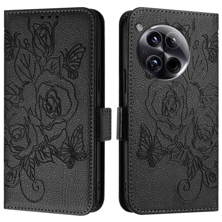 For OnePlus 12 5G Embossed Rose RFID Anti-theft Leather Phone Case(Black)