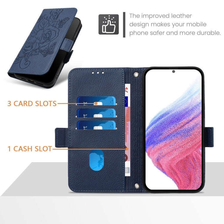 For Huawei Enjoy 50 4G / nova Y70 Plus Embossed Rose RFID Anti-theft Leather Phone Case(Dark Blue)