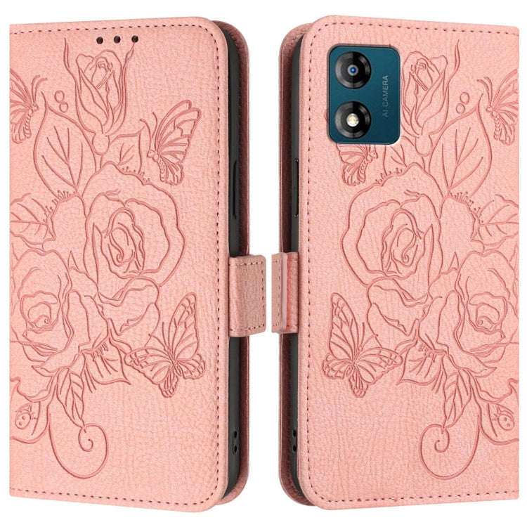 For Motorola Moto E13 4G 2023 Embossed Rose RFID Anti-theft Leather Phone Case(Pink)