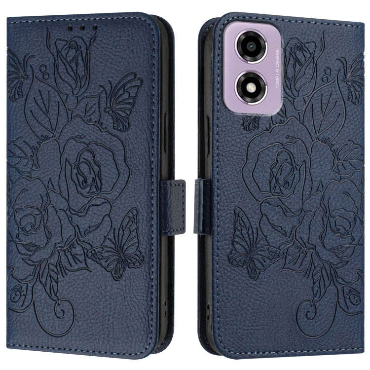 For Motorola Moto E14 Embossed Rose RFID Anti-theft Leather Phone Case(Dark Blue)