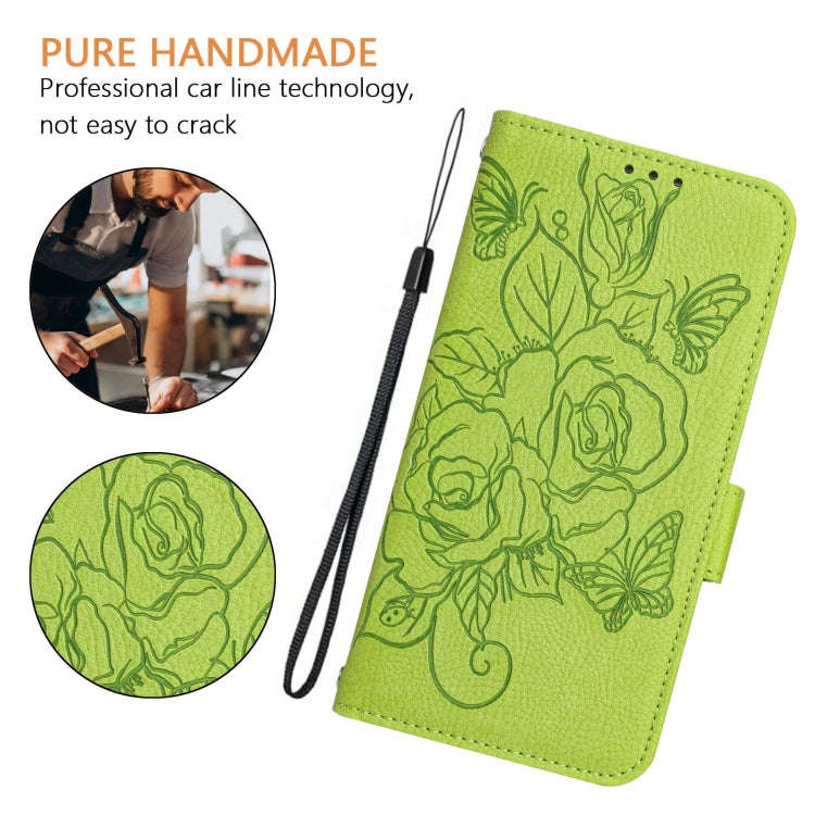 For Motorola Moto E32 4G Embossed Rose RFID Anti-theft Leather Phone Case(Green)