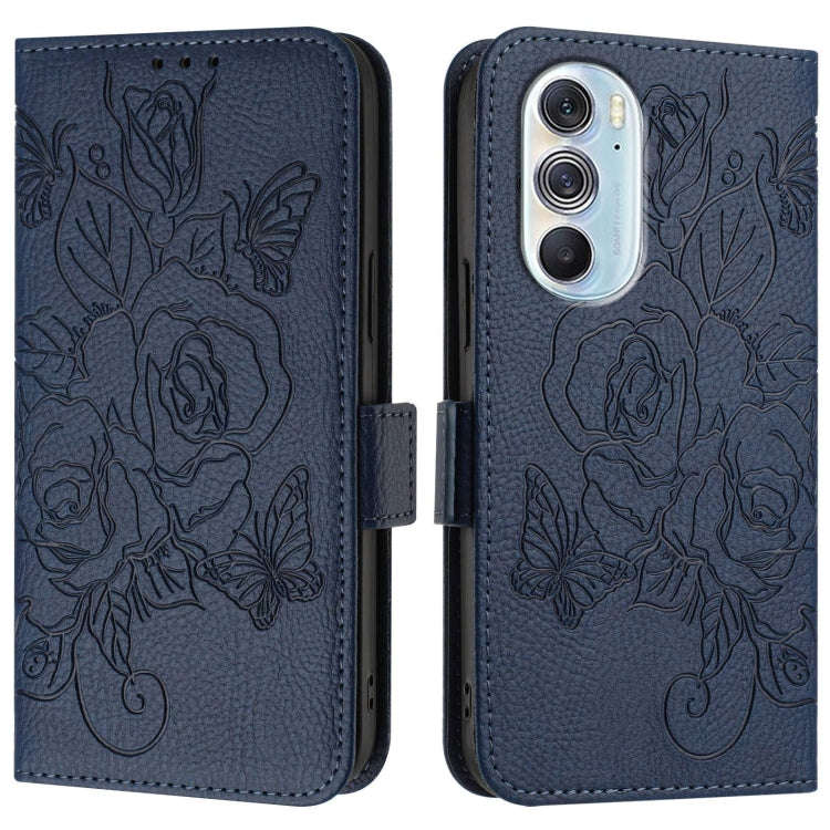 For Motorola Edge X30 5G / 30 Pro Embossed Rose RFID Anti-theft Leather Phone Case(Dark Blue)
