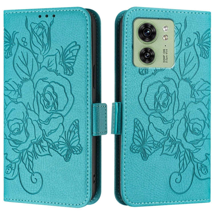 For Motorola Edge 2023 North American Embossed Rose RFID Anti-theft Leather Phone Case(Light Blue)