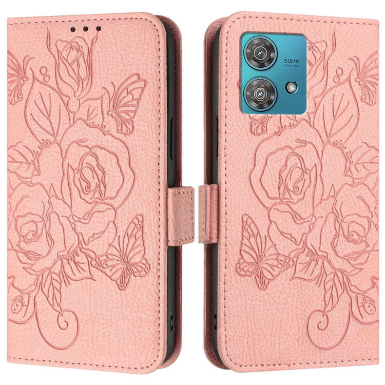 For Motorola Edge 40 Neo 5G Embossed Rose RFID Anti-theft Leather Phone Case(Pink)