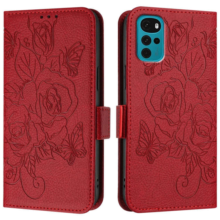 For Motorola E32 4G India Embossed Rose RFID Anti-theft Leather Phone Case(Red)