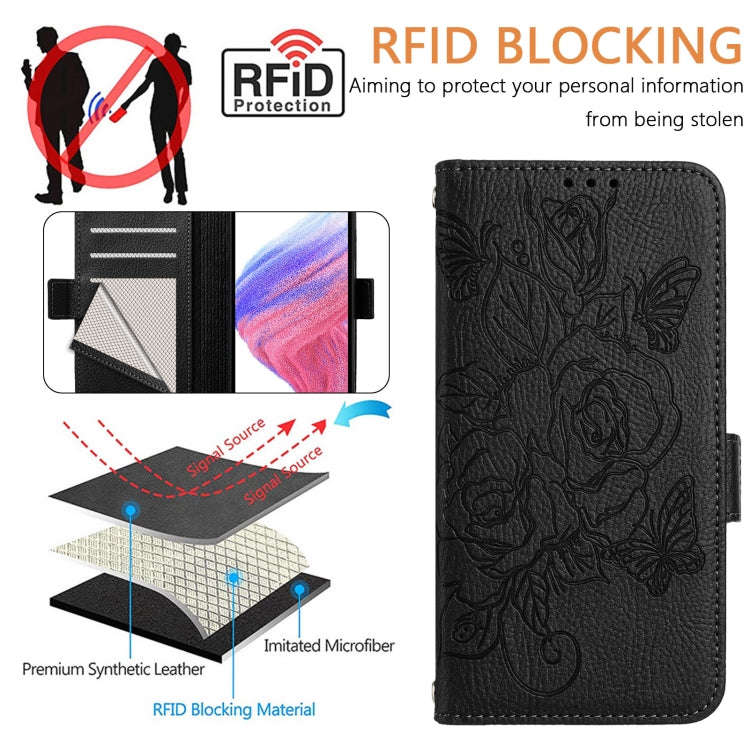 For Motorola E32 4G India Embossed Rose RFID Anti-theft Leather Phone Case(Black)