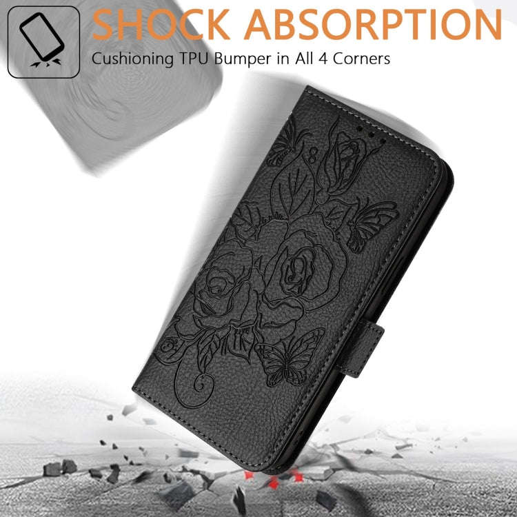For Motorola E32 4G India Embossed Rose RFID Anti-theft Leather Phone Case(Black)