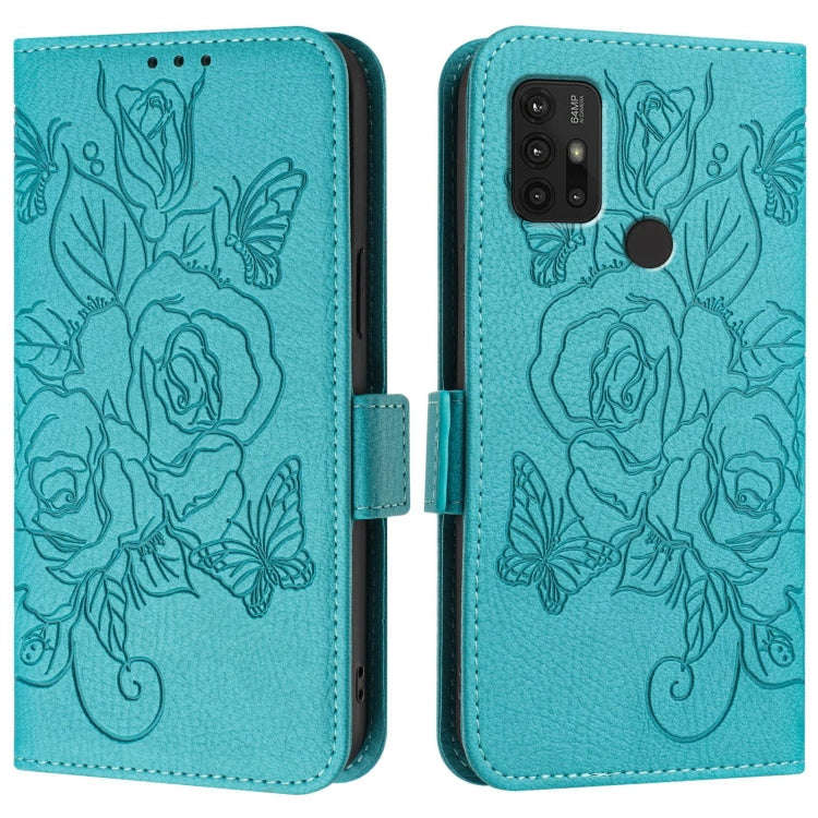 For Motorola Moto G10 Power Embossed Rose RFID Anti-theft Leather Phone Case(Light Blue)