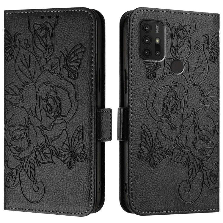 For Motorola Moto G10 Power Embossed Rose RFID Anti-theft Leather Phone Case(Black)