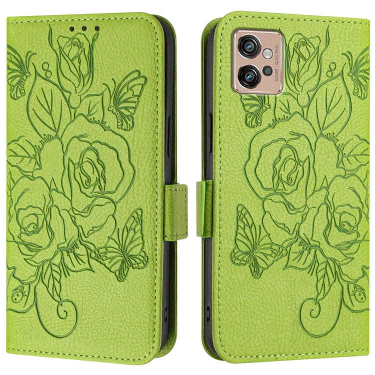 For Motorola Moto G32 Embossed Rose RFID Anti-theft Leather Phone Case(Green)
