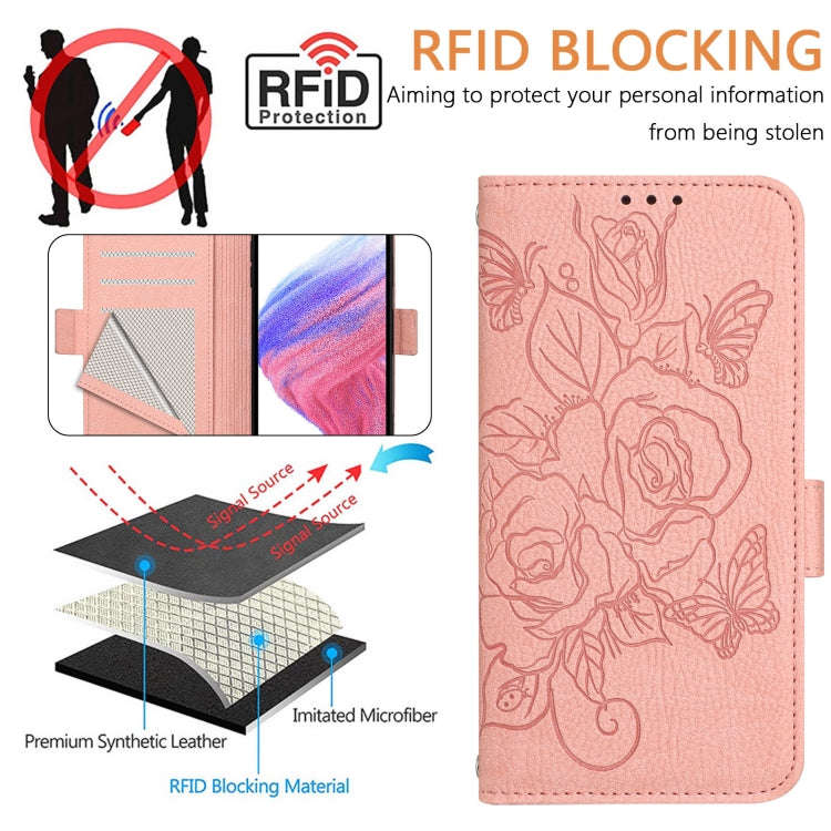 For Motorola Moto G34 Embossed Rose RFID Anti-theft Leather Phone Case(Pink)