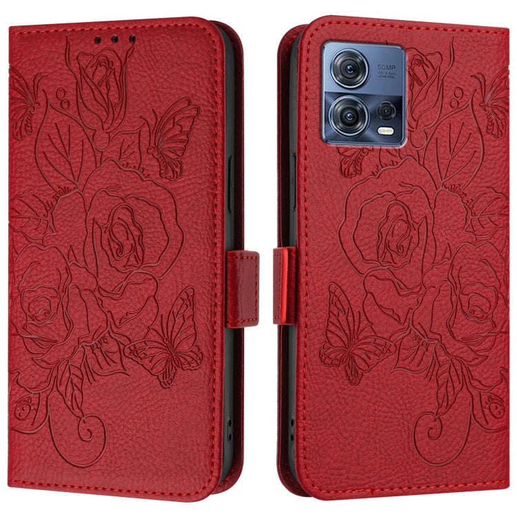 For Motorola Moto G72 Embossed Rose RFID Anti-theft Leather Phone Case(Red)