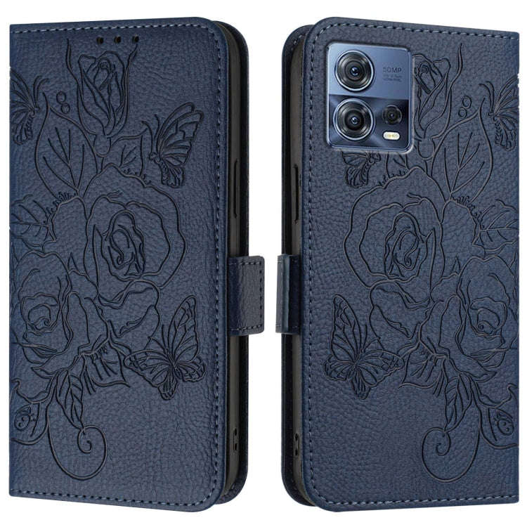 For Motorola Moto G72 Embossed Rose RFID Anti-theft Leather Phone Case(Dark Blue)