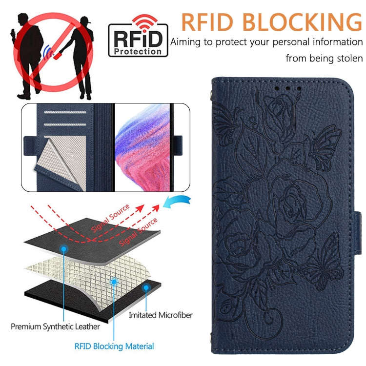 For Motorola Moto G72 Embossed Rose RFID Anti-theft Leather Phone Case(Dark Blue)