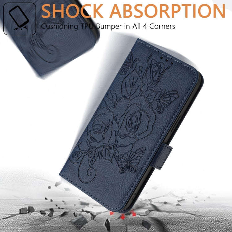 For Motorola Moto G72 Embossed Rose RFID Anti-theft Leather Phone Case(Dark Blue)