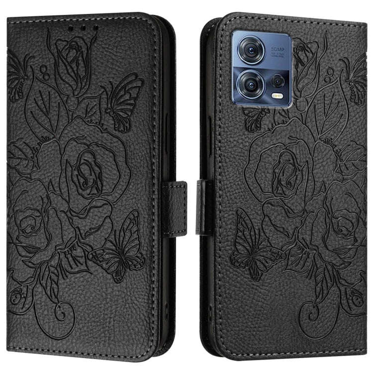 For Motorola Moto G72 Embossed Rose RFID Anti-theft Leather Phone Case(Black)