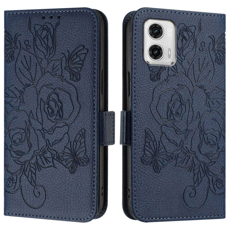 For Motorola Moto G73 Embossed Rose RFID Anti-theft Leather Phone Case(Dark Blue)
