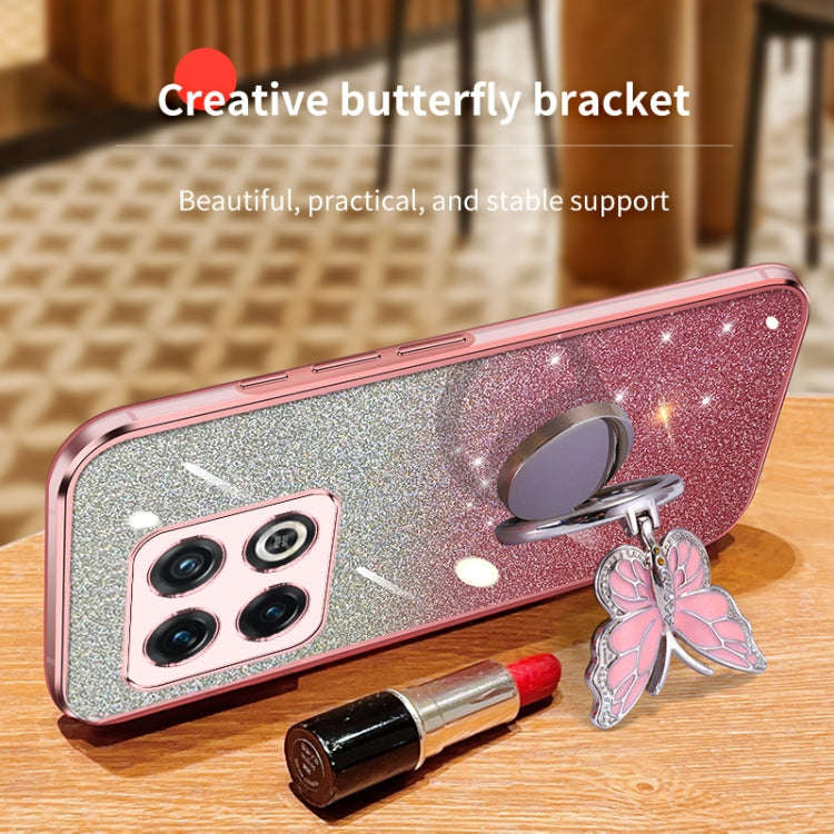 For OnePlus 10 Pro Plated Gradient Glitter Butterfly Holder TPU Phone Case(Black)