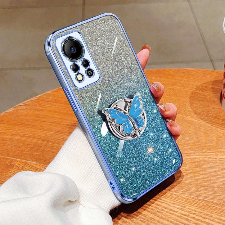 For Infinix Hot 11s NFC Plated Gradient Glitter Butterfly Holder TPU Phone Case(Sierra Blue)