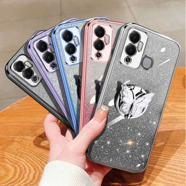 For Infinix Hot 12 Play Plated Gradient Glitter Butterfly Holder TPU Phone Case(Sierra Blue)