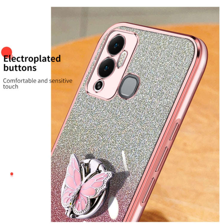 For Infinix Hot 12 Play Plated Gradient Glitter Butterfly Holder TPU Phone Case(Sierra Blue)