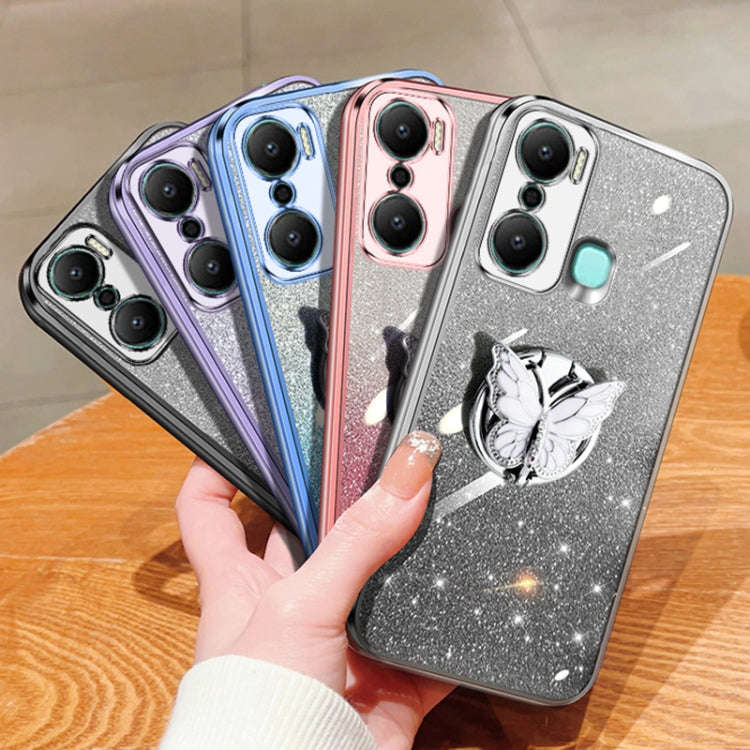 For Infinix Hot 20 Play Plated Gradient Glitter Butterfly Holder TPU Phone Case(Black)