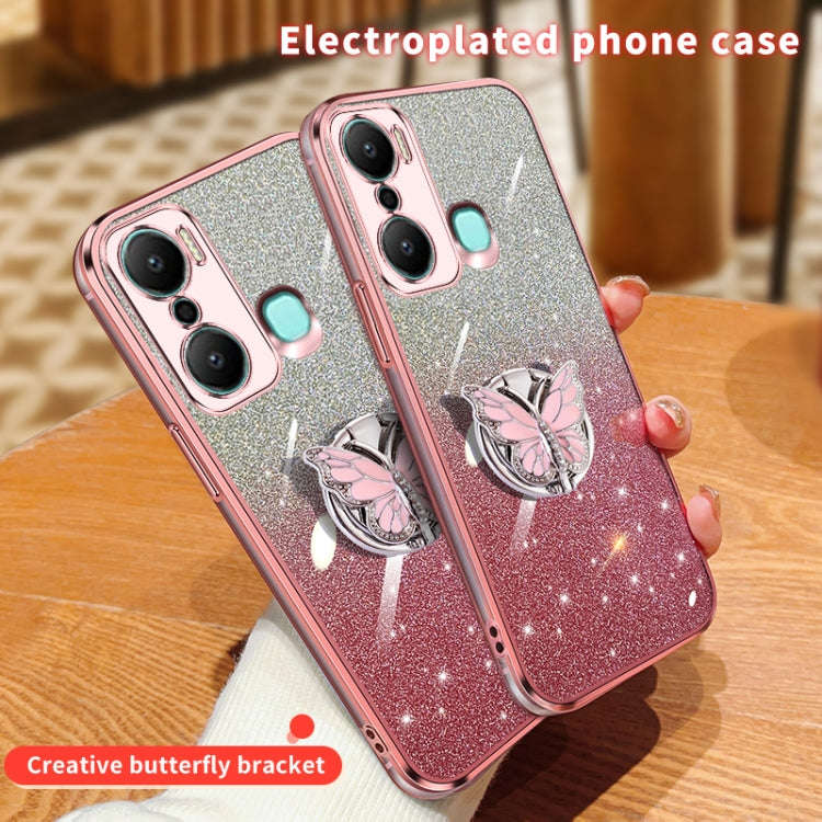 For Infinix Hot 20 Play Plated Gradient Glitter Butterfly Holder TPU Phone Case(Black)