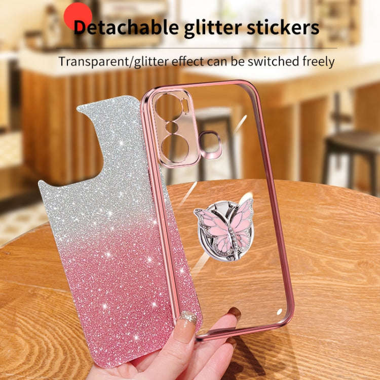 For Infinix Hot 20 Play Plated Gradient Glitter Butterfly Holder TPU Phone Case(Black)