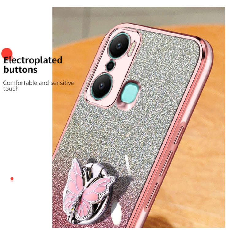 For Infinix Hot 20 Play Plated Gradient Glitter Butterfly Holder TPU Phone Case(Black)