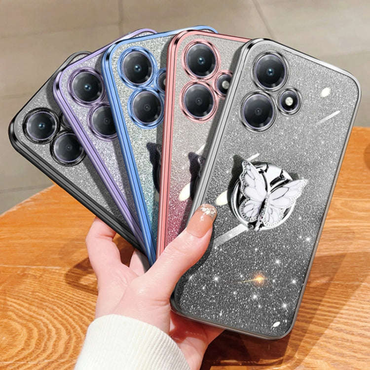For Infinix Hot 30 Play Plated Gradient Glitter Butterfly Holder TPU Phone Case(Sierra Blue)