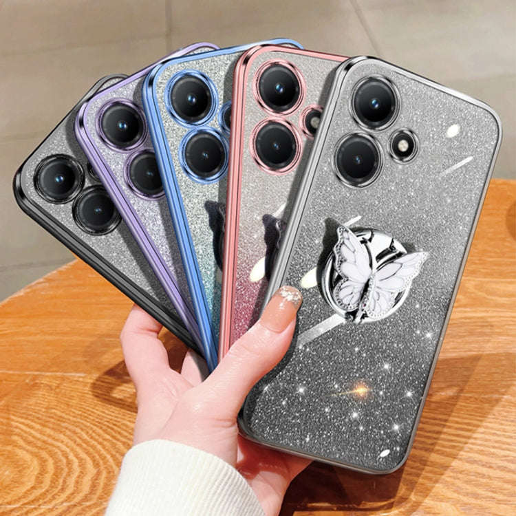 For Infinix Hot 30i Plated Gradient Glitter Butterfly Holder TPU Phone Case(Black)