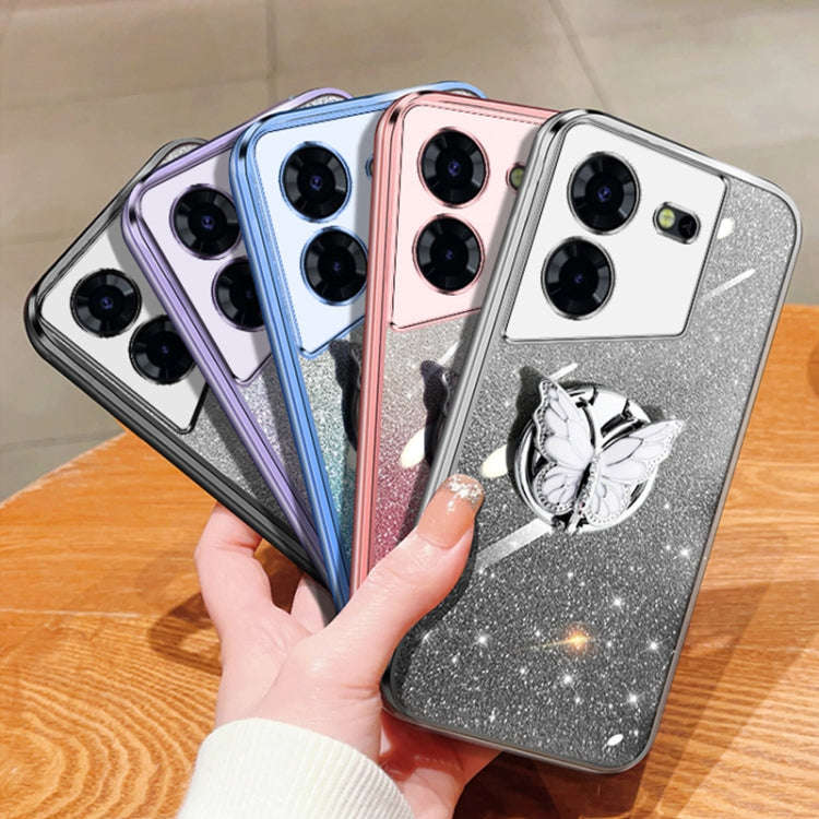 For Tecno Pop 5 Pro Plated Gradient Glitter Butterfly Holder TPU Phone Case(Black)