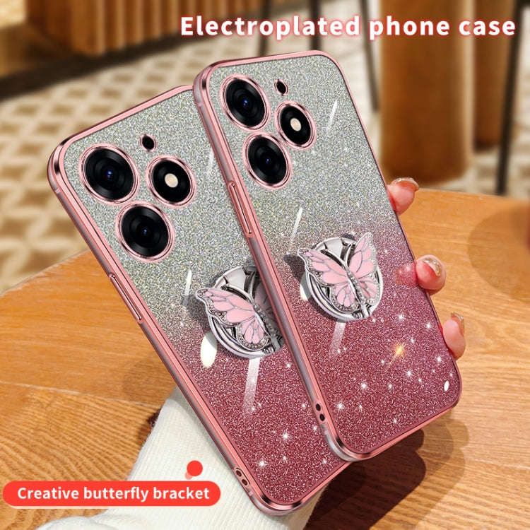 For Tecno Spark 10 Pro Plated Gradient Glitter Butterfly Holder TPU Phone Case(Silver)