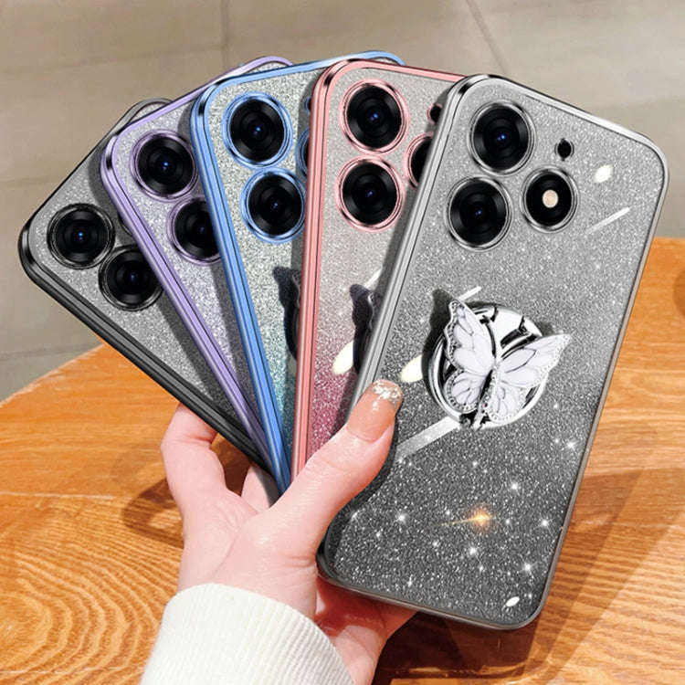 For Tecno Spark 10 Pro Plated Gradient Glitter Butterfly Holder TPU Phone Case(Black)