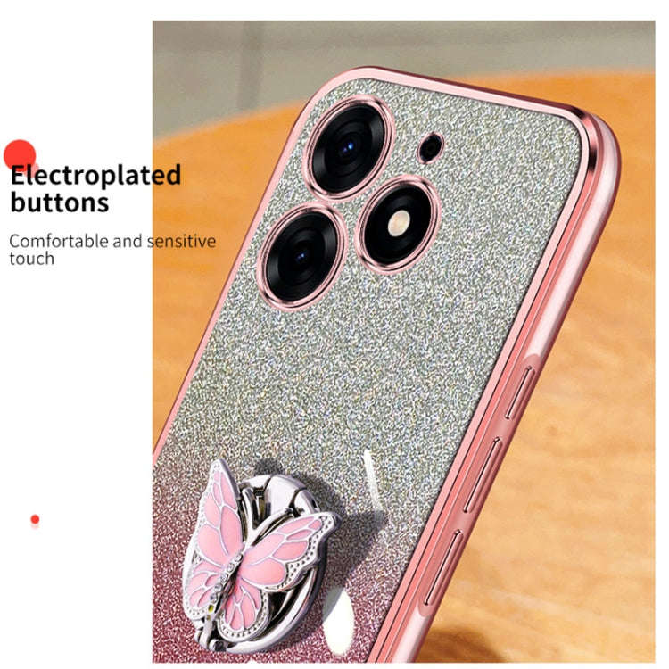 For Tecno Spark 10 Pro Plated Gradient Glitter Butterfly Holder TPU Phone Case(Black)