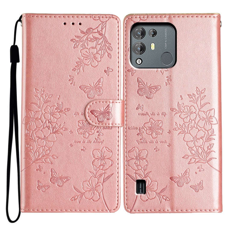For Blackview A55 Pro Butterflies and Flowers Leather Phone Case(Rose Gold)