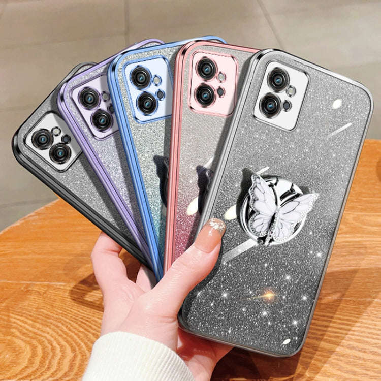 For Motorola Moto G32 Plated Gradient Glitter Butterfly Holder TPU Phone Case(Black)