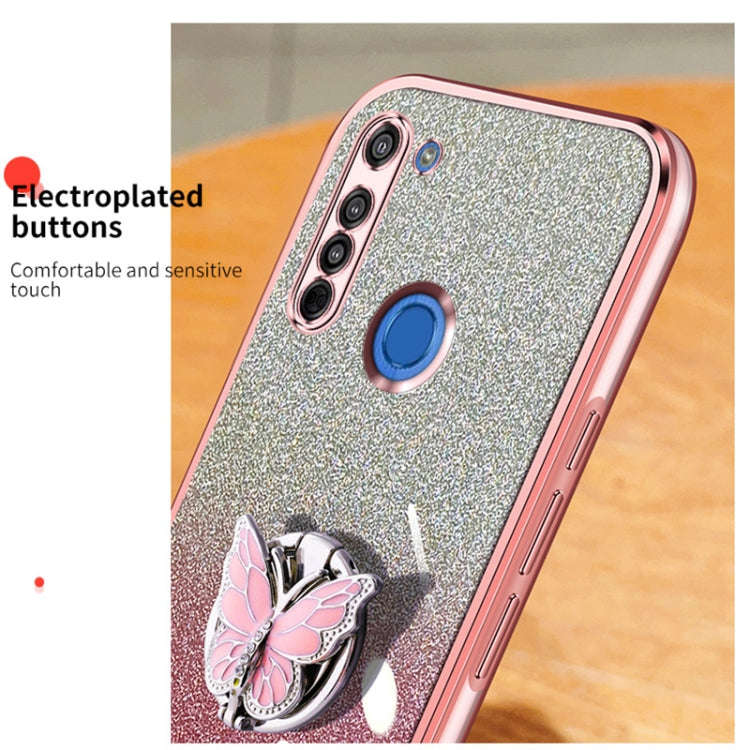 For Motorola Moto G8 Plated Gradient Glitter Butterfly Holder TPU Phone Case(Silver)