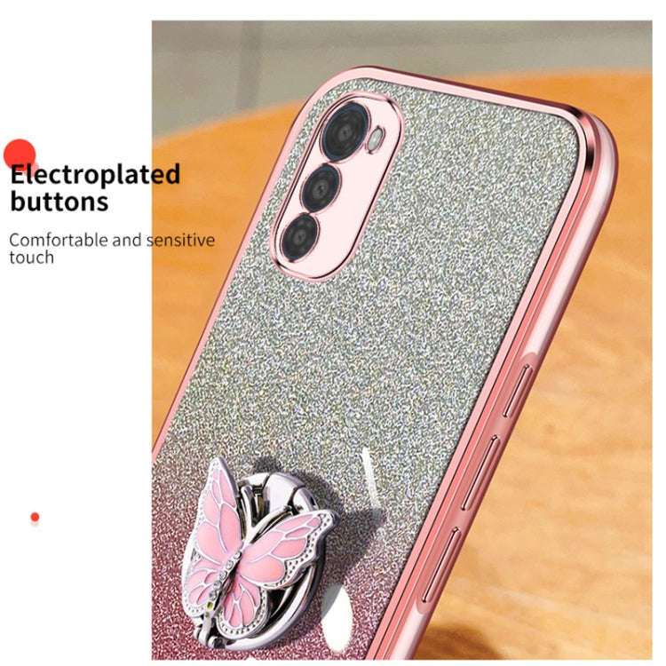 For Motorola Moto E32 Plated Gradient Glitter Butterfly Holder TPU Phone Case(Silver)