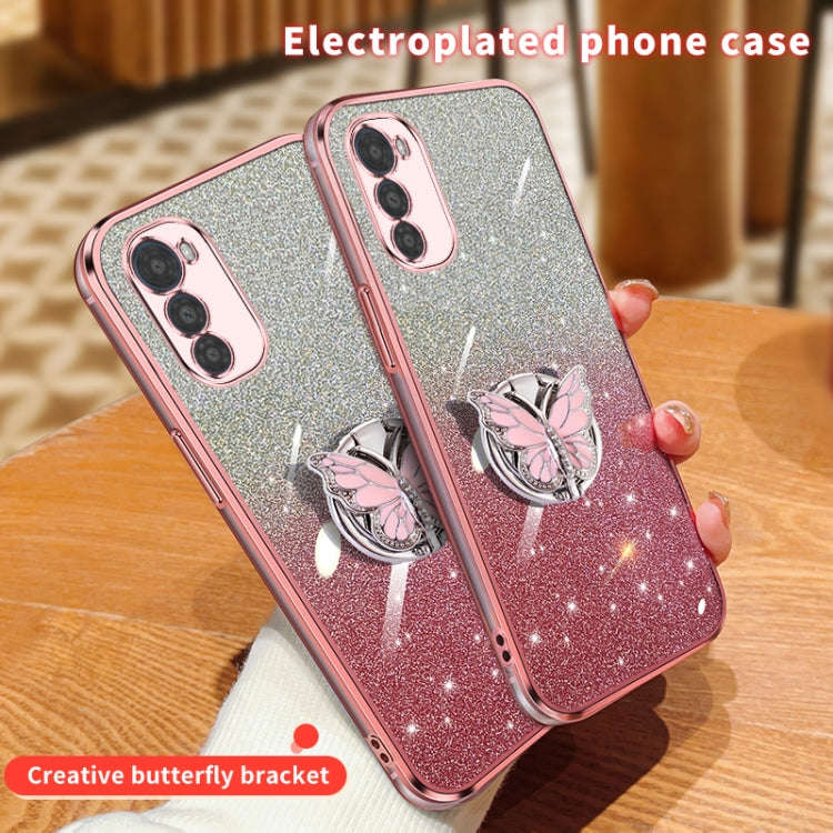 For Motorola Moto E32 Plated Gradient Glitter Butterfly Holder TPU Phone Case(Black)