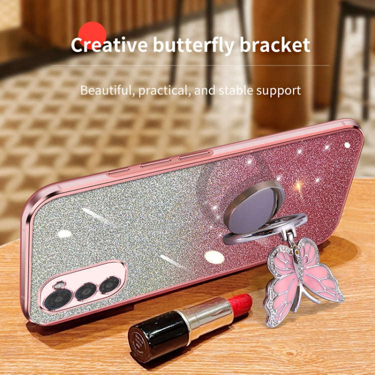 For Motorola Moto E32 Plated Gradient Glitter Butterfly Holder TPU Phone Case(Black)